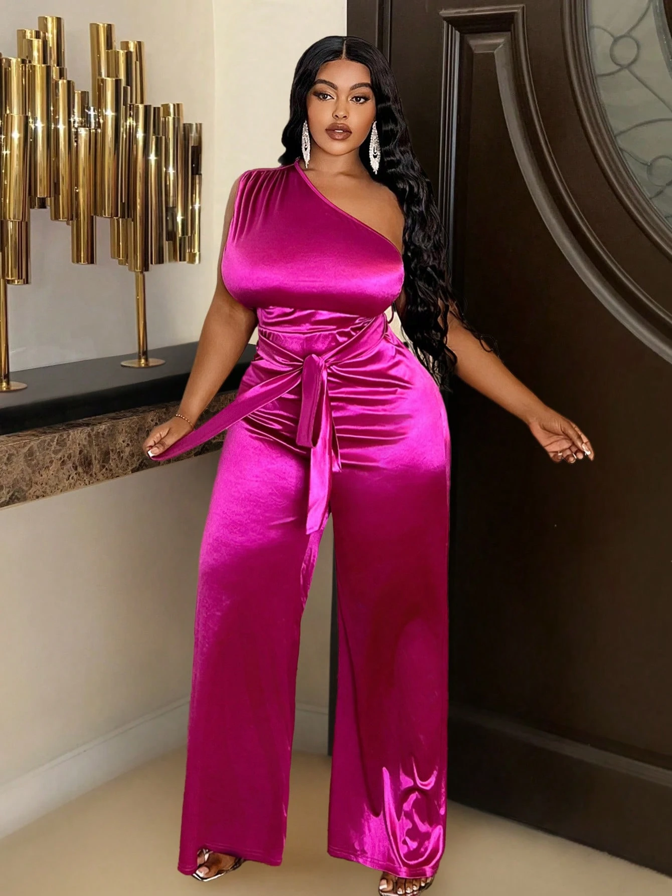 SHEIN Slayr Asymmetrical Shoulder With Waist Tie Long Jumpsuit