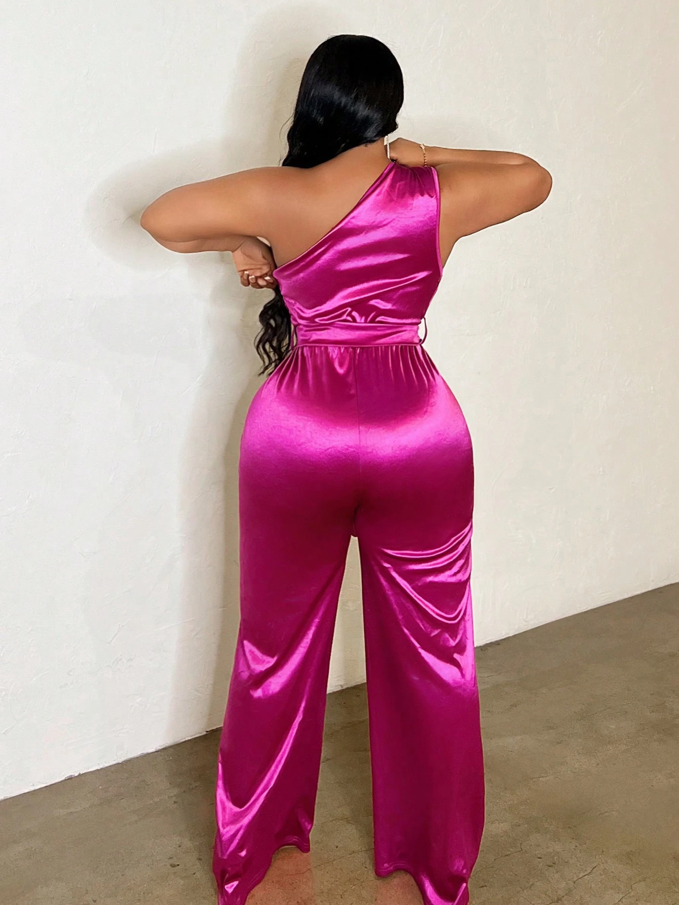 SHEIN Slayr Asymmetrical Shoulder With Waist Tie Long Jumpsuit - Image 2