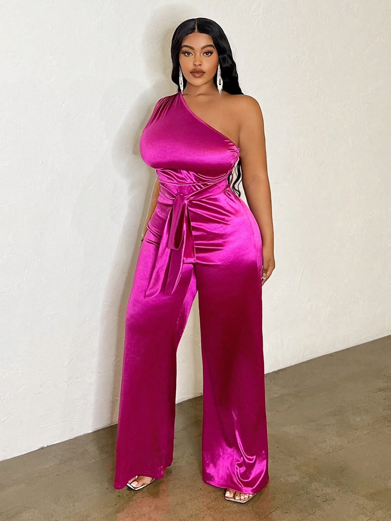 SHEIN Slayr Asymmetrical Shoulder With Waist Tie Long Jumpsuit - Image 3