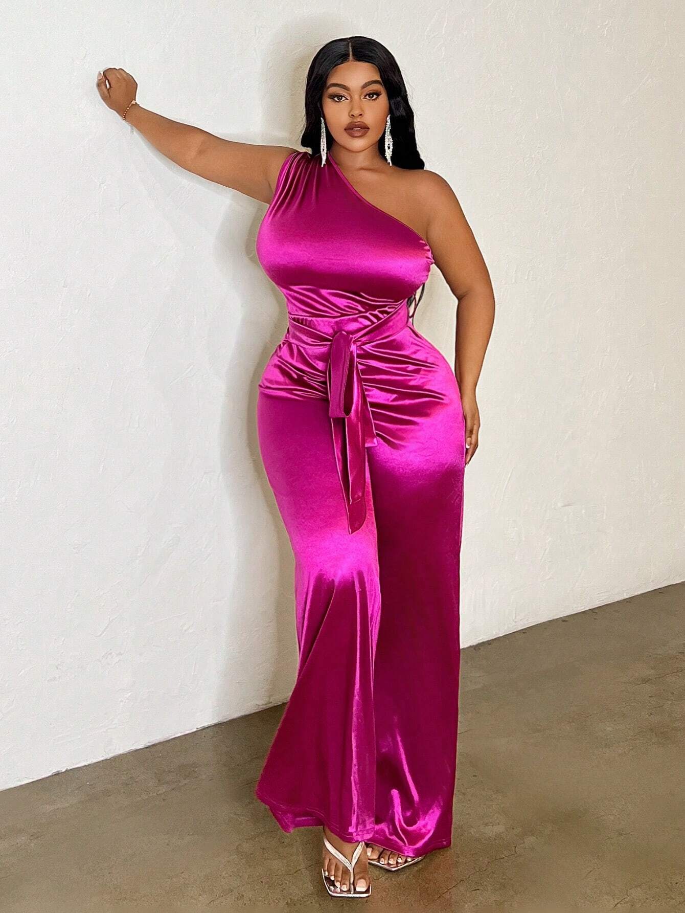 SHEIN Slayr Asymmetrical Shoulder With Waist Tie Long Jumpsuit - Image 4