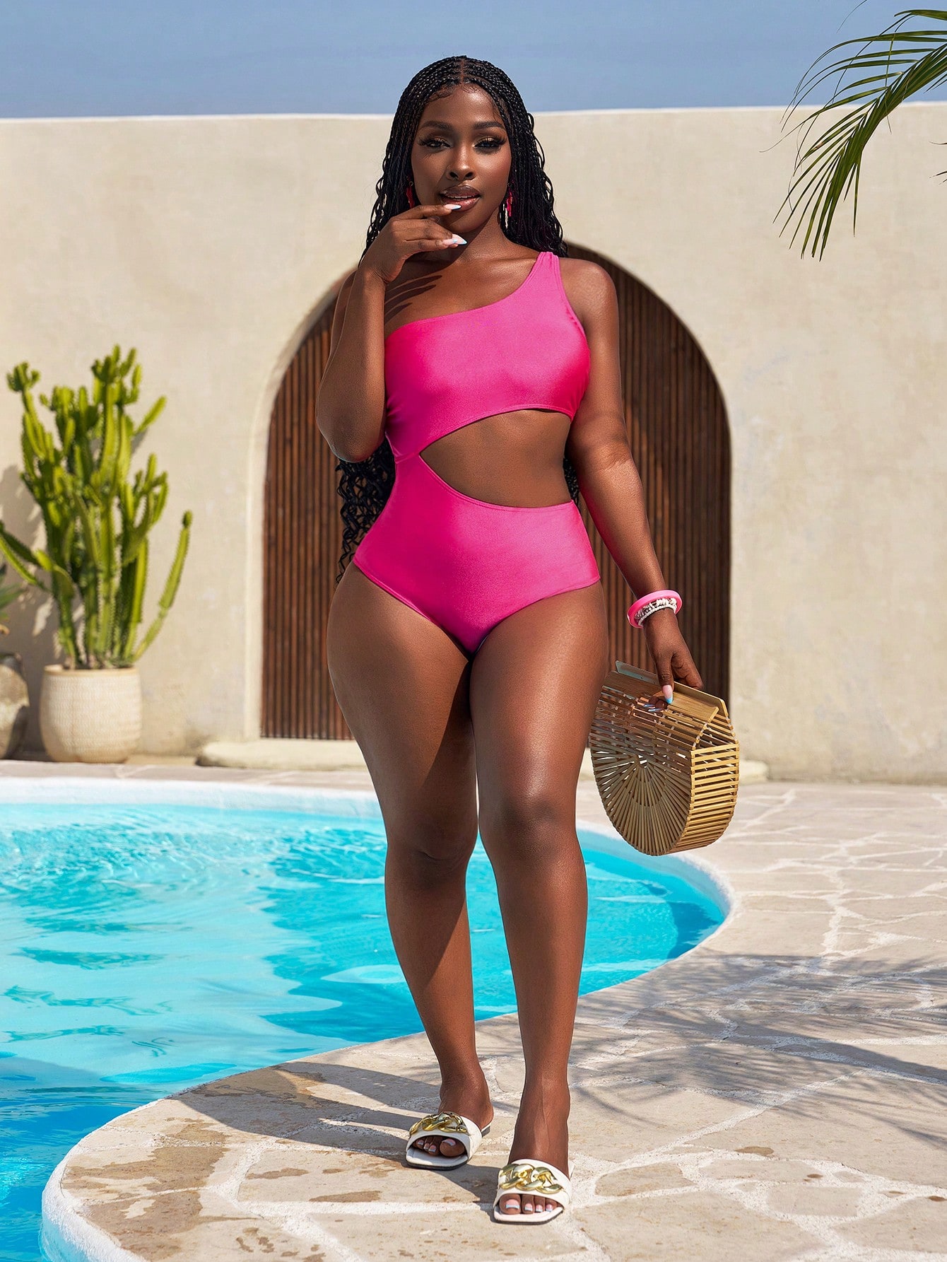 SHEIN Slayr Women's Solid Color One-Shoulder Hollow-Out Swimsuit, Suitable For Swimming, Vacation, Summer Beach - Image 4