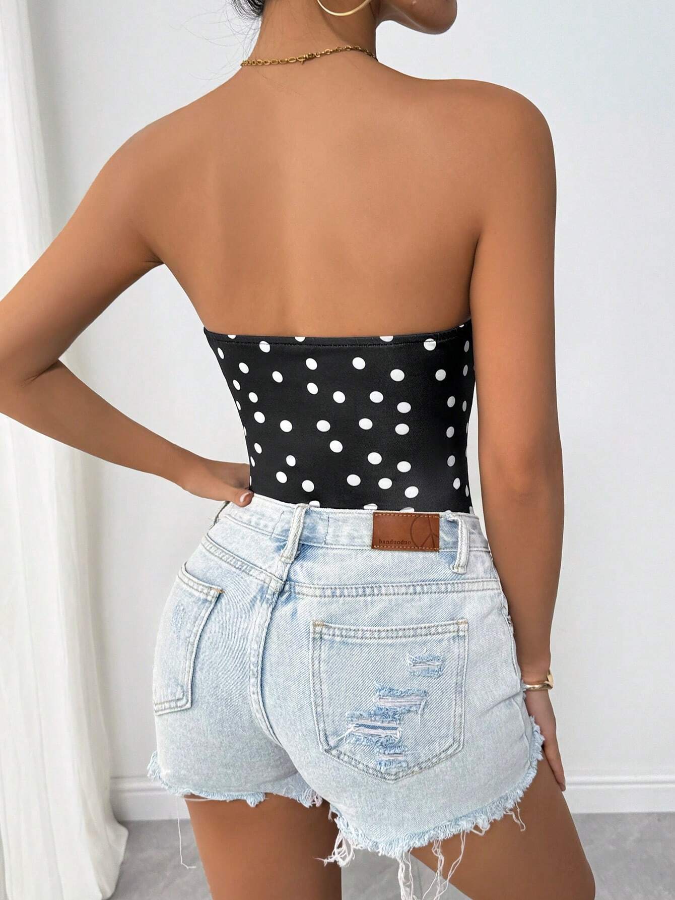 SHEIN VaVaLuxe Sexy Strapless Polka Dot & Fishbone Print Women Bodysuit - Image 2