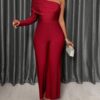 SHEIN SOLERSUN Elegant Pleated Long Sleeve With Asymmetric Neckline One Shoulder Wide Leg Jumpsuit
