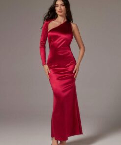 SHEIN SURIMA Women Elegant Sexy Solid Asymmetrical Neckline Backless Fishtail Dress, Autumn,Red Skirt Dress