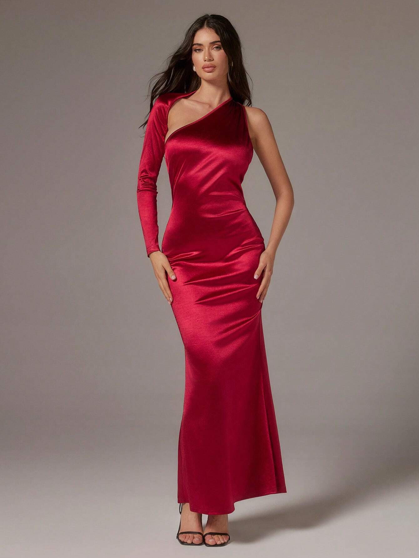 SHEIN SURIMA Women Elegant Sexy Solid Asymmetrical Neckline Backless Fishtail Dress, Autumn,Red Skirt Dress