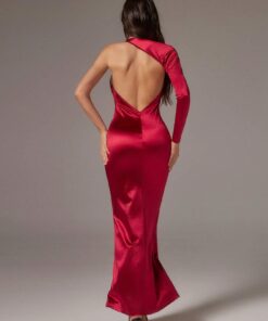 Alternative view of SHEIN SURIMA Women Elegant Sexy Solid Asymmetrical Neckline Backless Fishtail Dress, Autumn,Red Skirt Dress