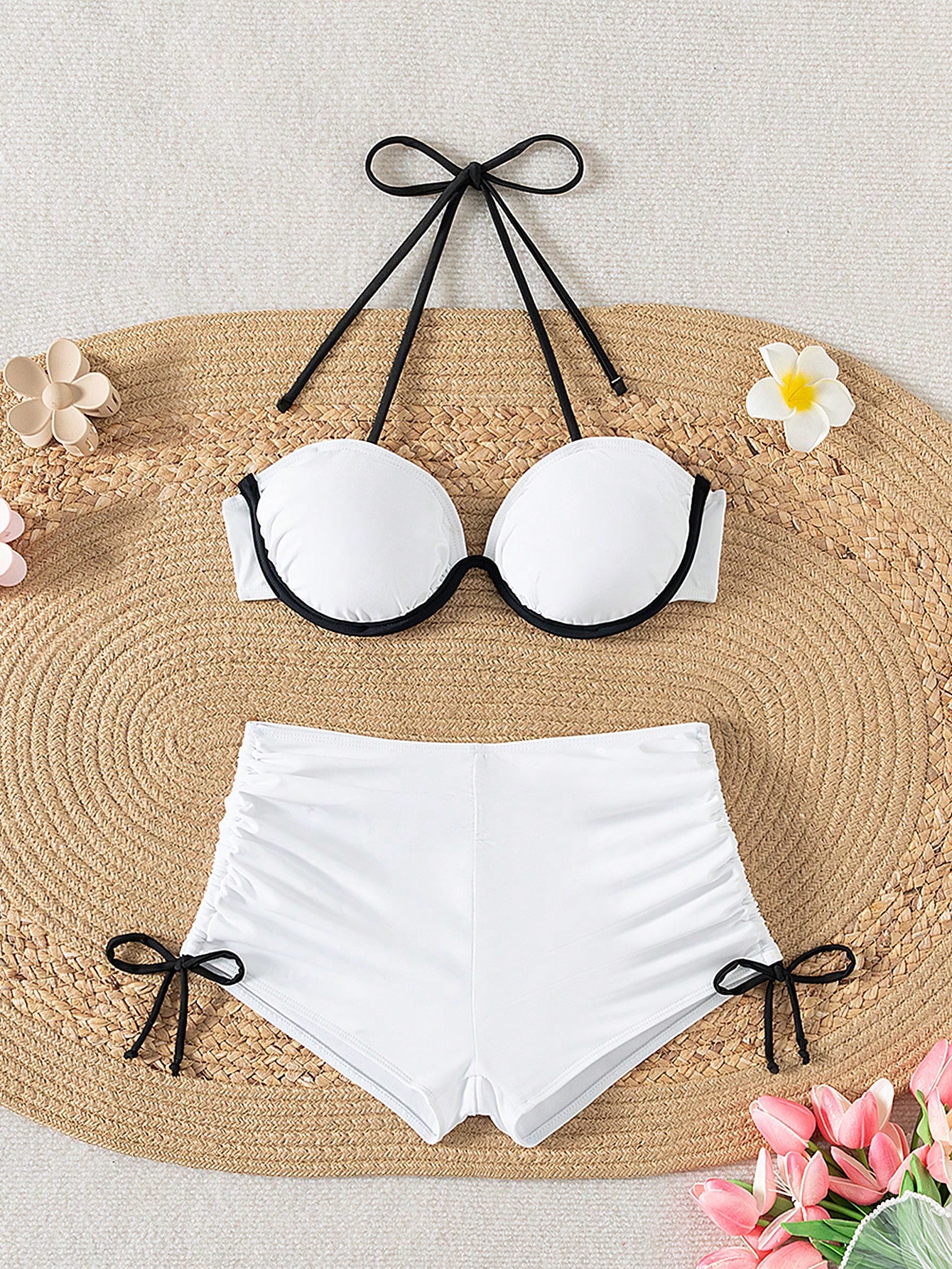 SHEIN SWIM Women Y2K Black & White Fitted Casual Crisscross Knit Bikini Set, Spring/Summer