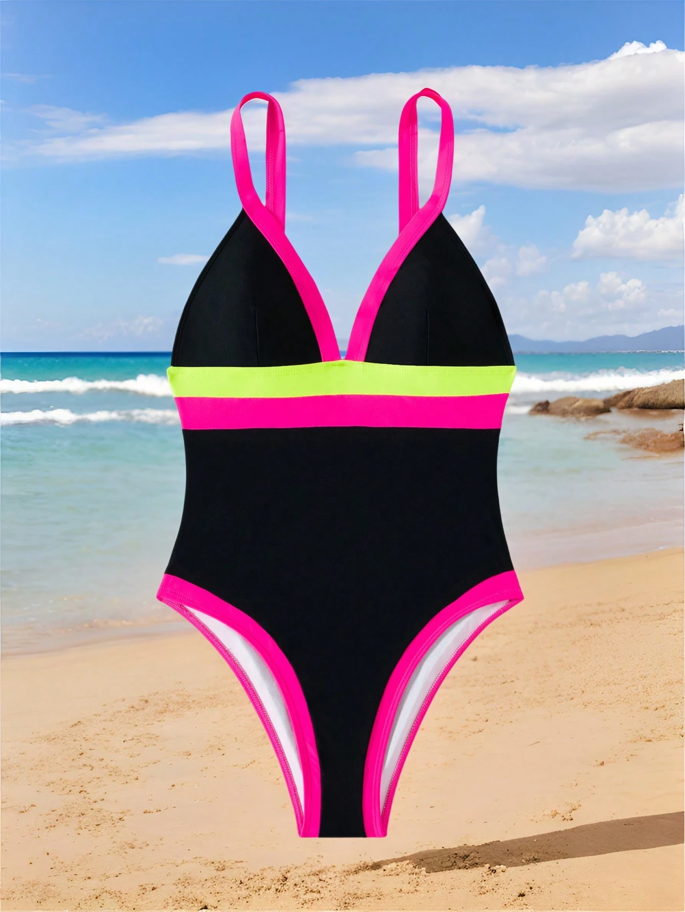 SHEIN Summer 1 Pc Women's Multi-Color Patchwork Sexy Deep V Waist Cinching One-Piece Swimsuit - Image 4