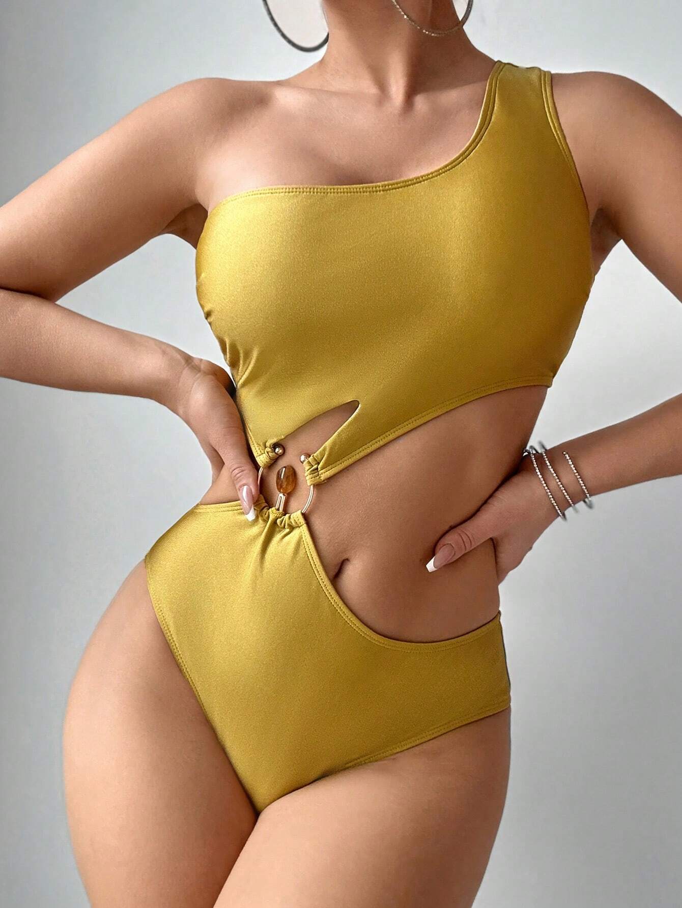SHEIN Summer Sexy Hollow-Out Glossy Fabric Solid Elegant New Style Shiny One-Piece Swimsuit For Women