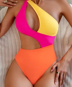 SHEIN Summer Solid Color Sexy Bandage Monokini Swimsuit, Contrasting Color Beach Vacation Swimwear