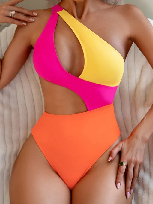 SHEIN Summer Solid Color Sexy Bandage Monokini Swimsuit, Contrasting Color Beach Vacation Swimwear