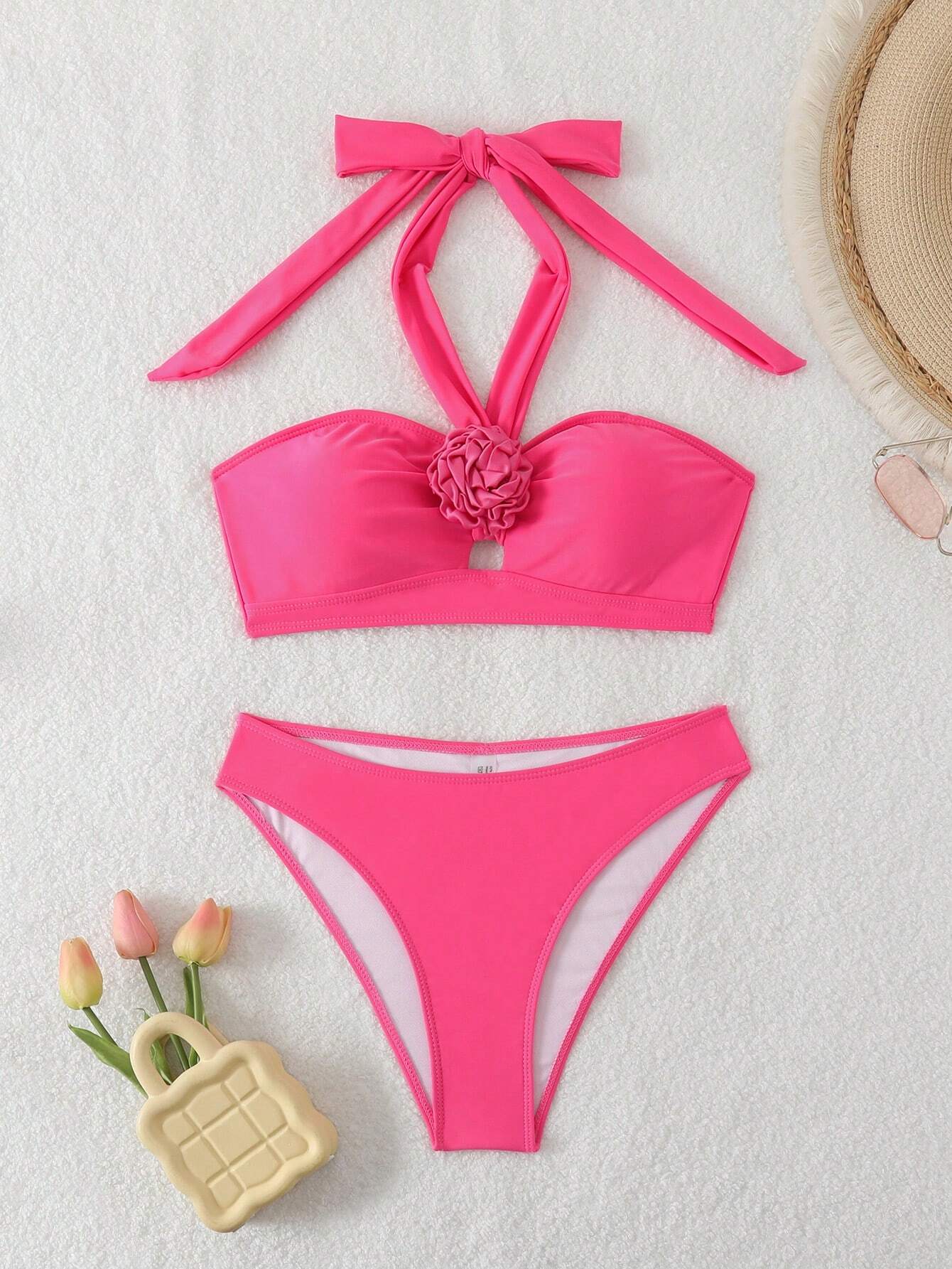 SHEIN Swim Mod Elegant 3D Floral Decor Halter Tie Summer Swimwear Bikini Set, Casual Beach Wear