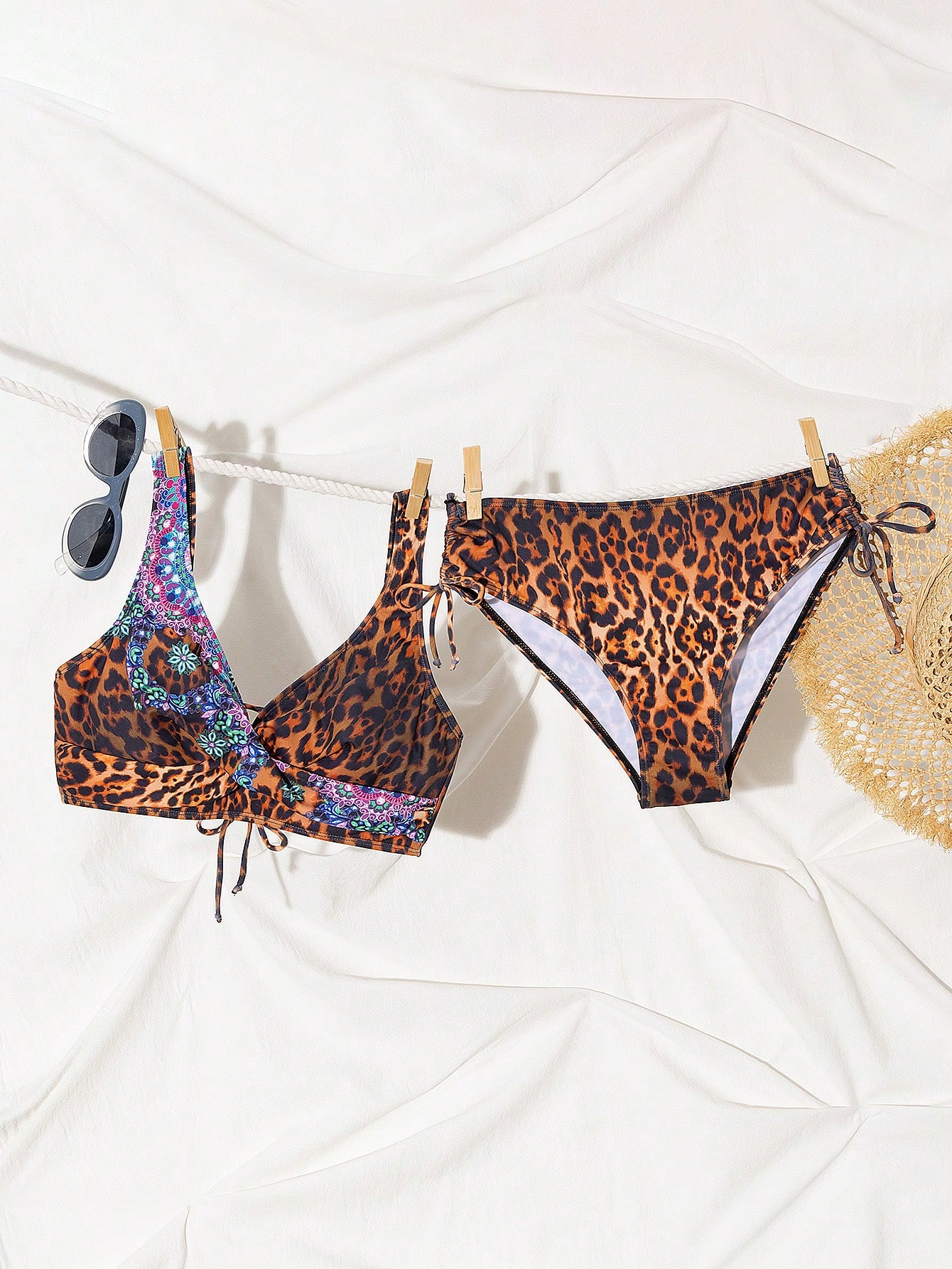 SHEIN Swim Vcay 2pcs Leopard Print Patchwork Bohemian Pattern Front Twist & Back Drawstring Women Vacation Set Summer - Image 3