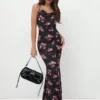 SHEIN TRNVIE Floral Draped Neck Maxi Dress For Women