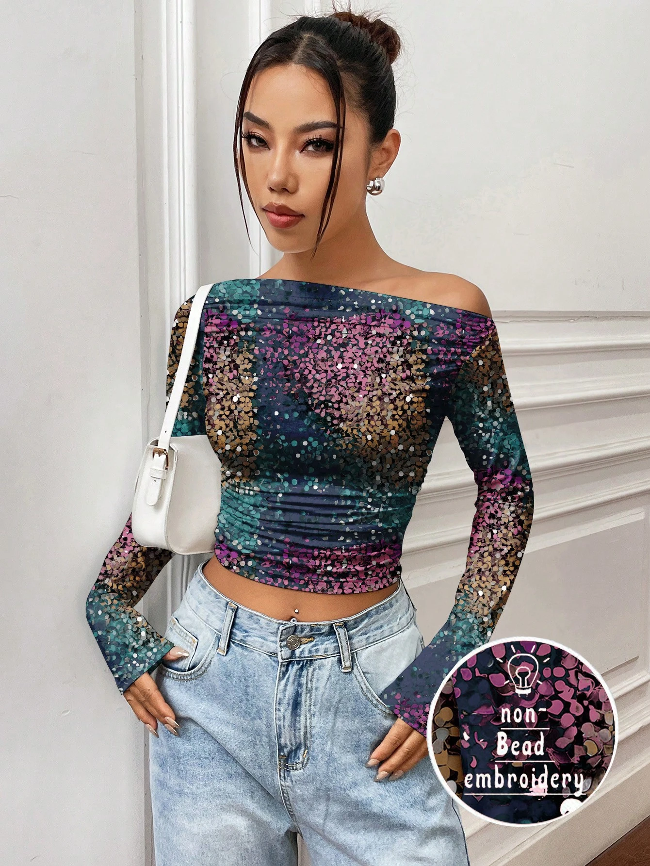 SHEIN Warp Atelie Artist Y2K Style Asymmetrical Neck Long Sleeve Knit Top Graphic Tee