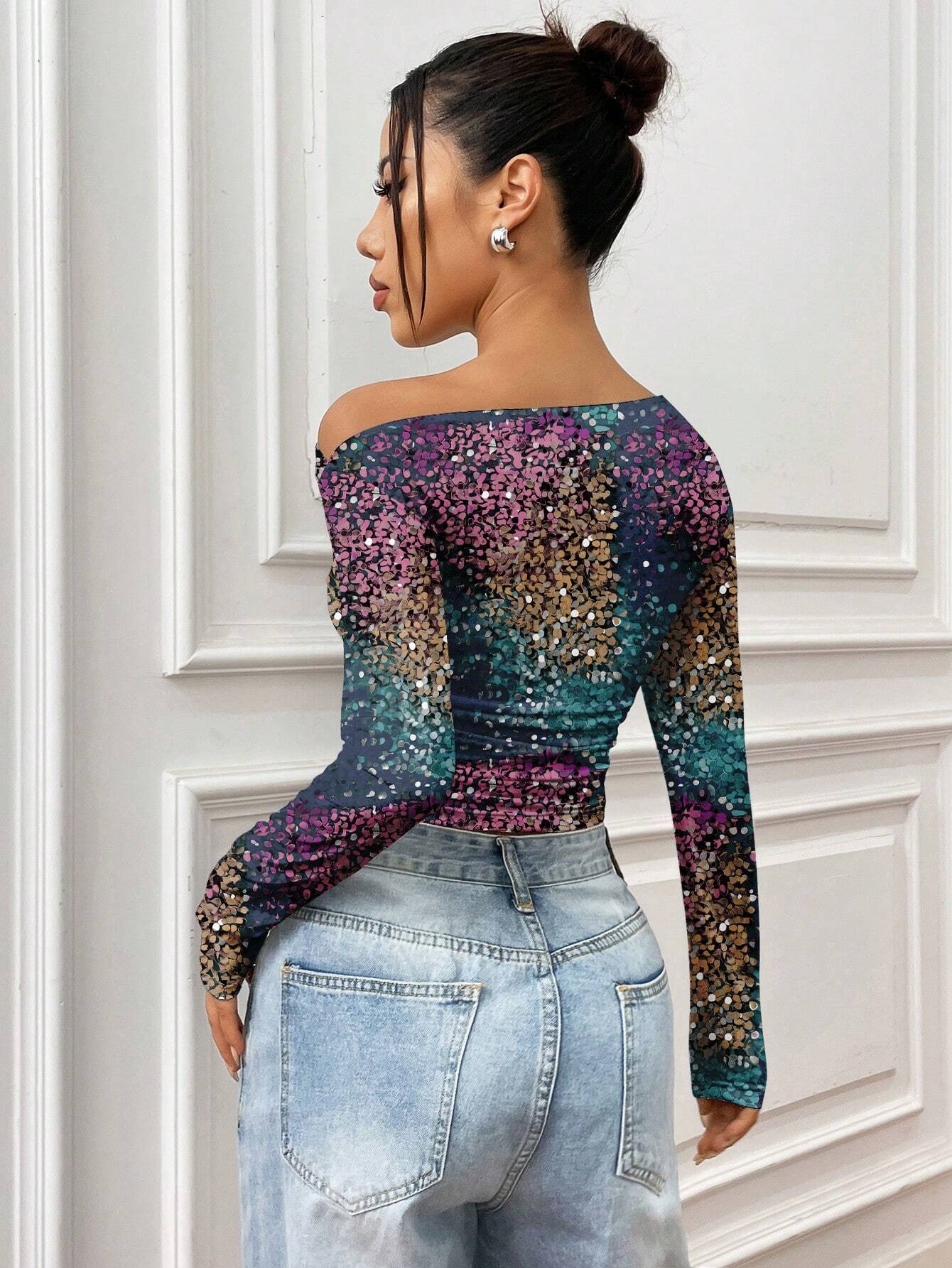 SHEIN Warp Atelie Artist Y2K Style Asymmetrical Neck Long Sleeve Knit Top Graphic Tee - Image 2