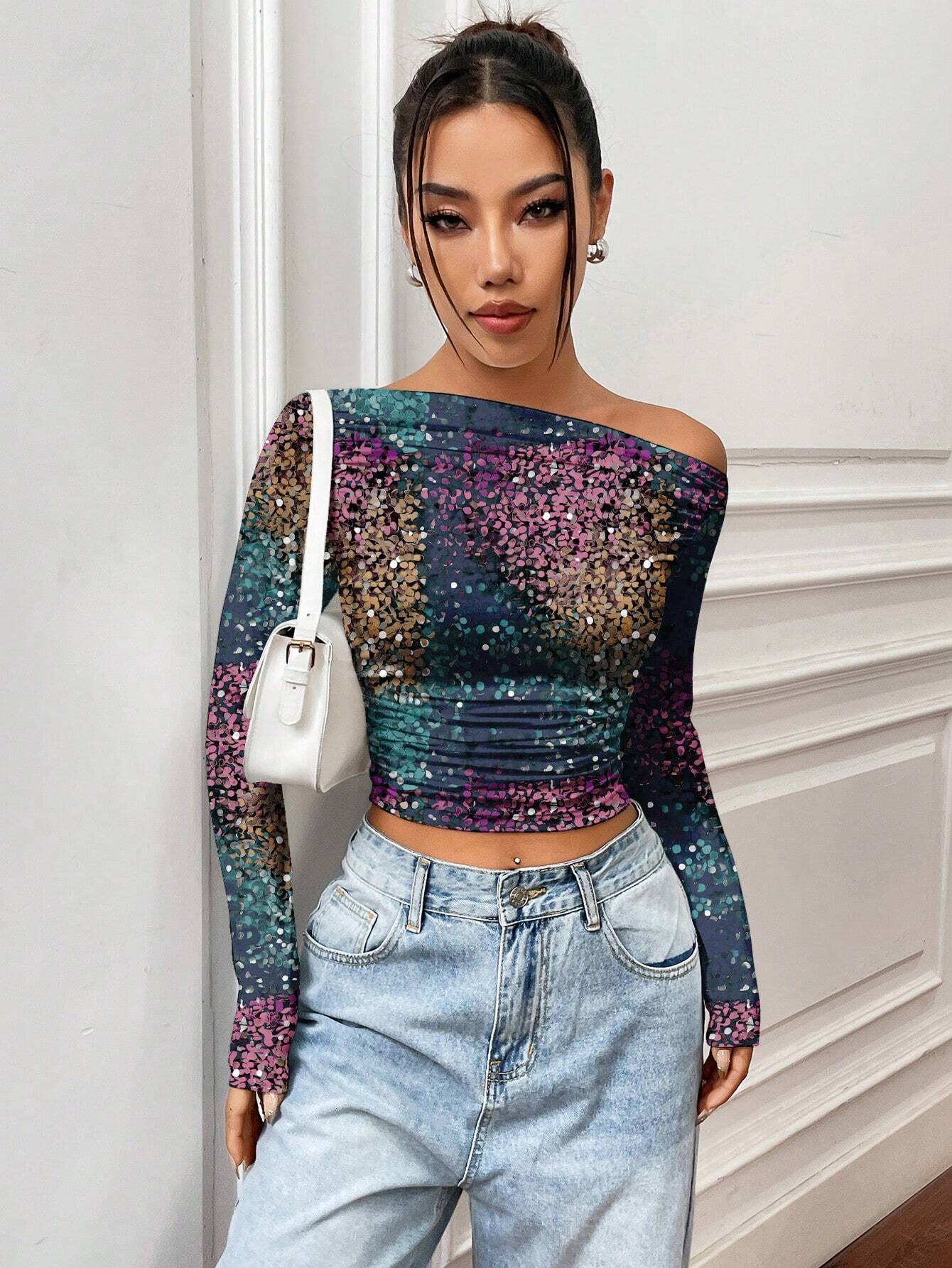 SHEIN Warp Atelie Artist Y2K Style Asymmetrical Neck Long Sleeve Knit Top Graphic Tee - Image 3