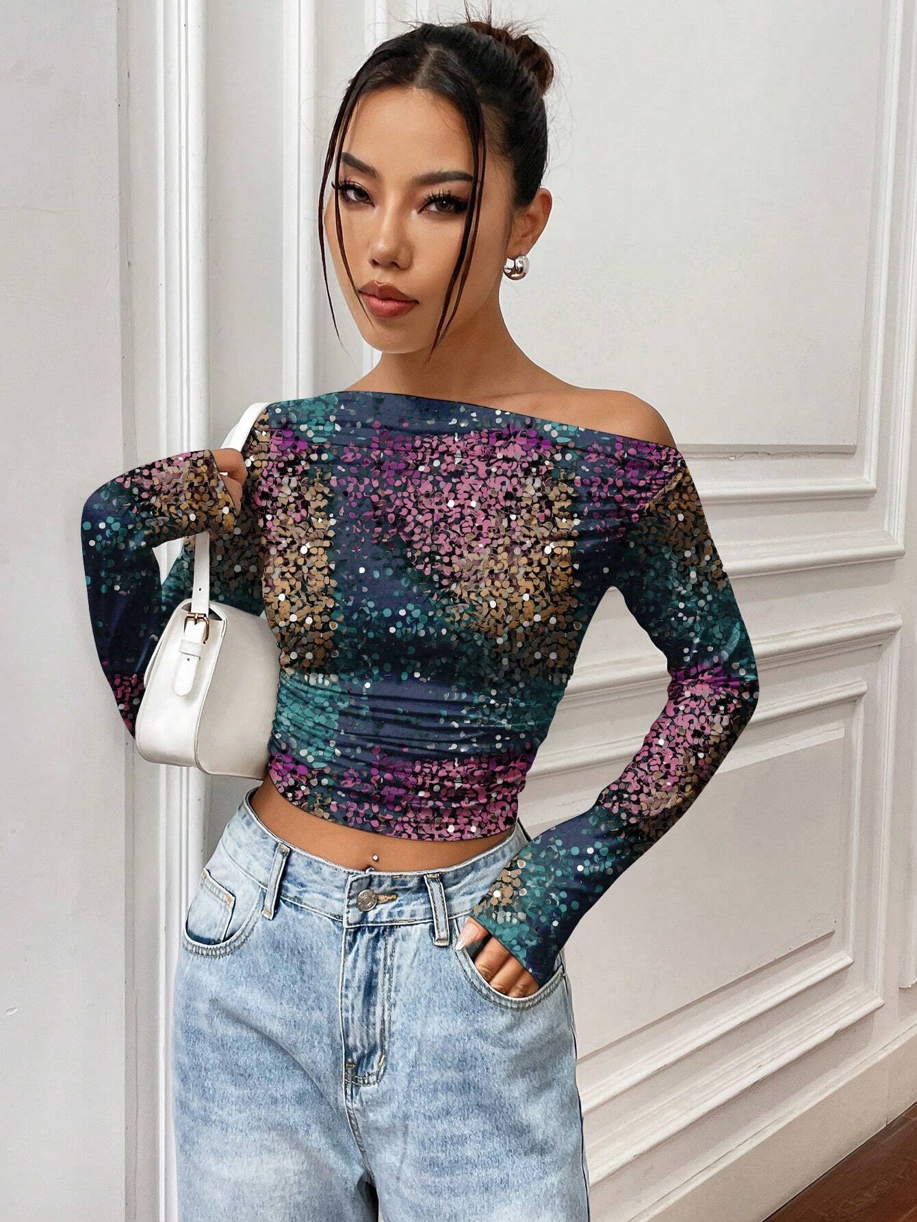 SHEIN Warp Atelie Artist Y2K Style Asymmetrical Neck Long Sleeve Knit Top Graphic Tee - Image 4