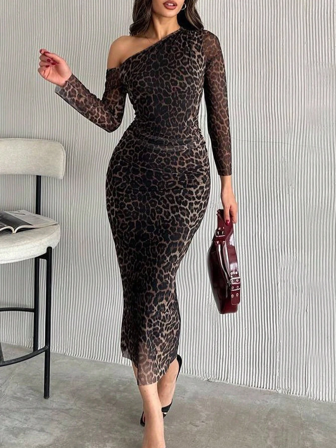 SHEIN Women Elegant Leopard Print Fitted Mesh Sheer Long Sleeve Dress, Suitable For Spring And Autumn Maxi Women Outfit - Image 2