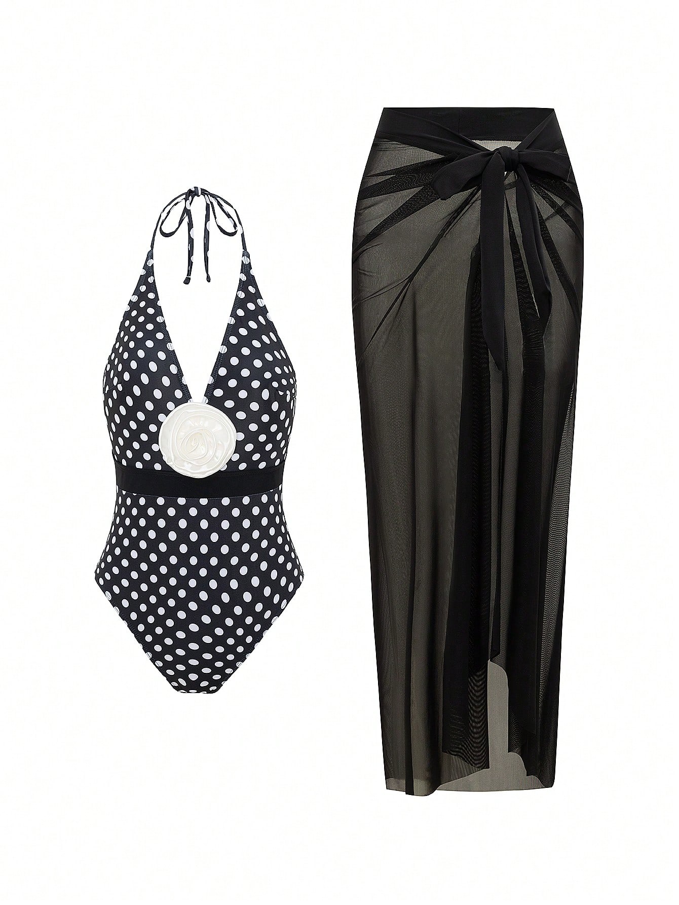 SHEIN Women's Summer Beach Holiday Elegant Tight Casual One-Piece Swimsuit, 2 Pieces Set - Image 3