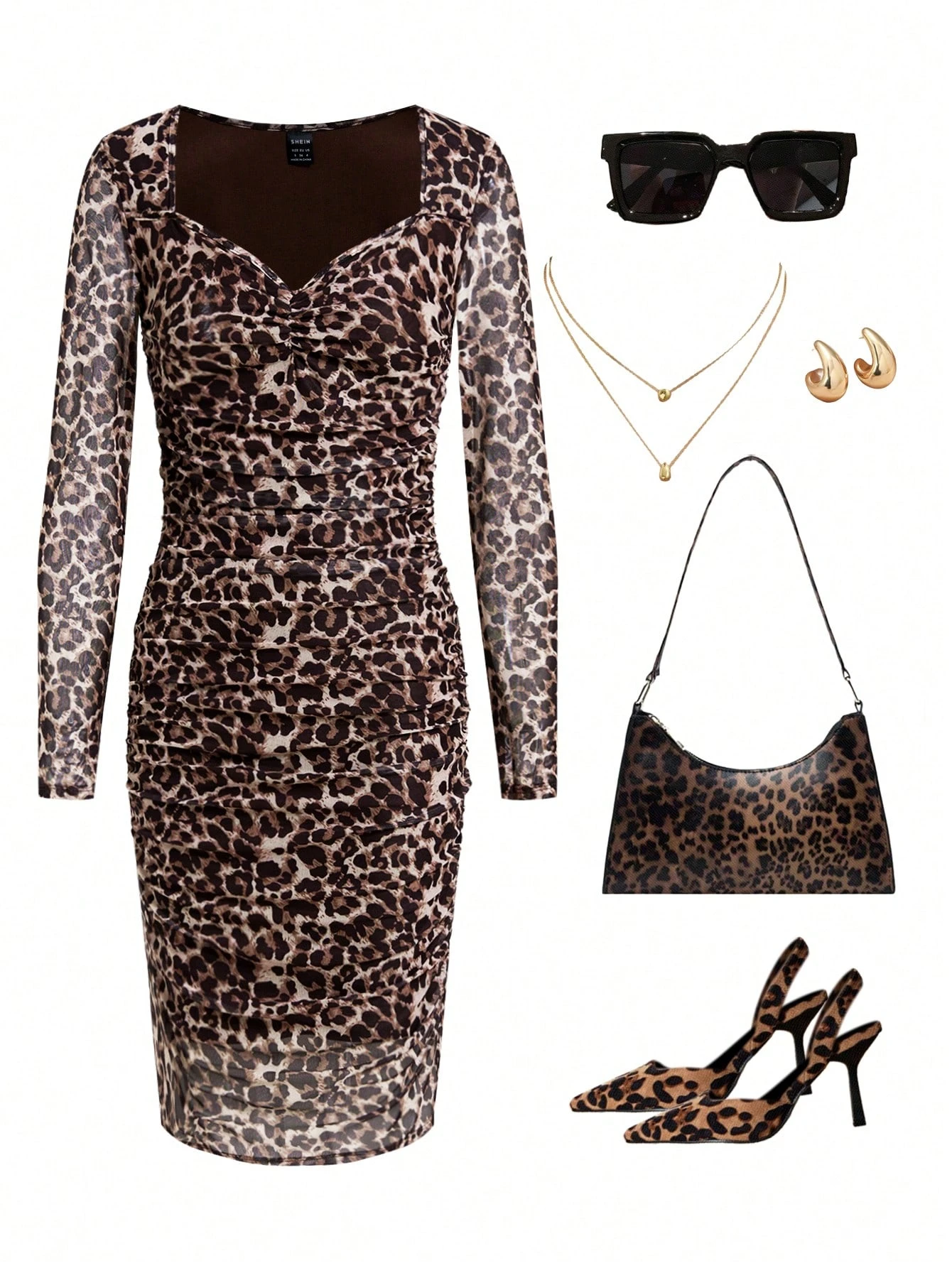 SHEIN Ellevyn Women's Elegant Fitted Ruched Leopard Print Sweetheart Neck Knitted Mesh Mid-Length Dress