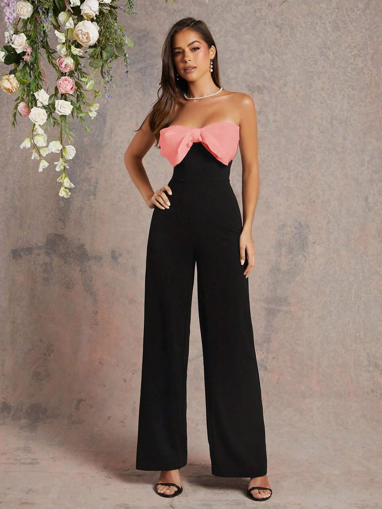SHEIN L'Amorae Fall Two-Tone Jumpsuit With Black Bow Top And White Wide-Leg Pants