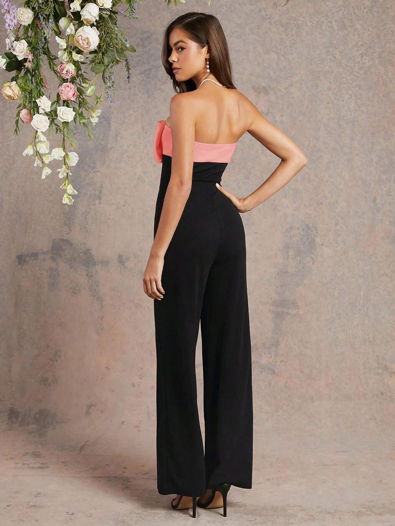 SHEIN L'Amorae Fall Two-Tone Jumpsuit With Black Bow Top And White Wide-Leg Pants - Image 2