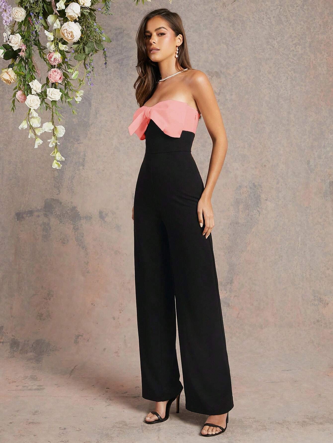 SHEIN L'Amorae Fall Two-Tone Jumpsuit With Black Bow Top And White Wide-Leg Pants - Image 4