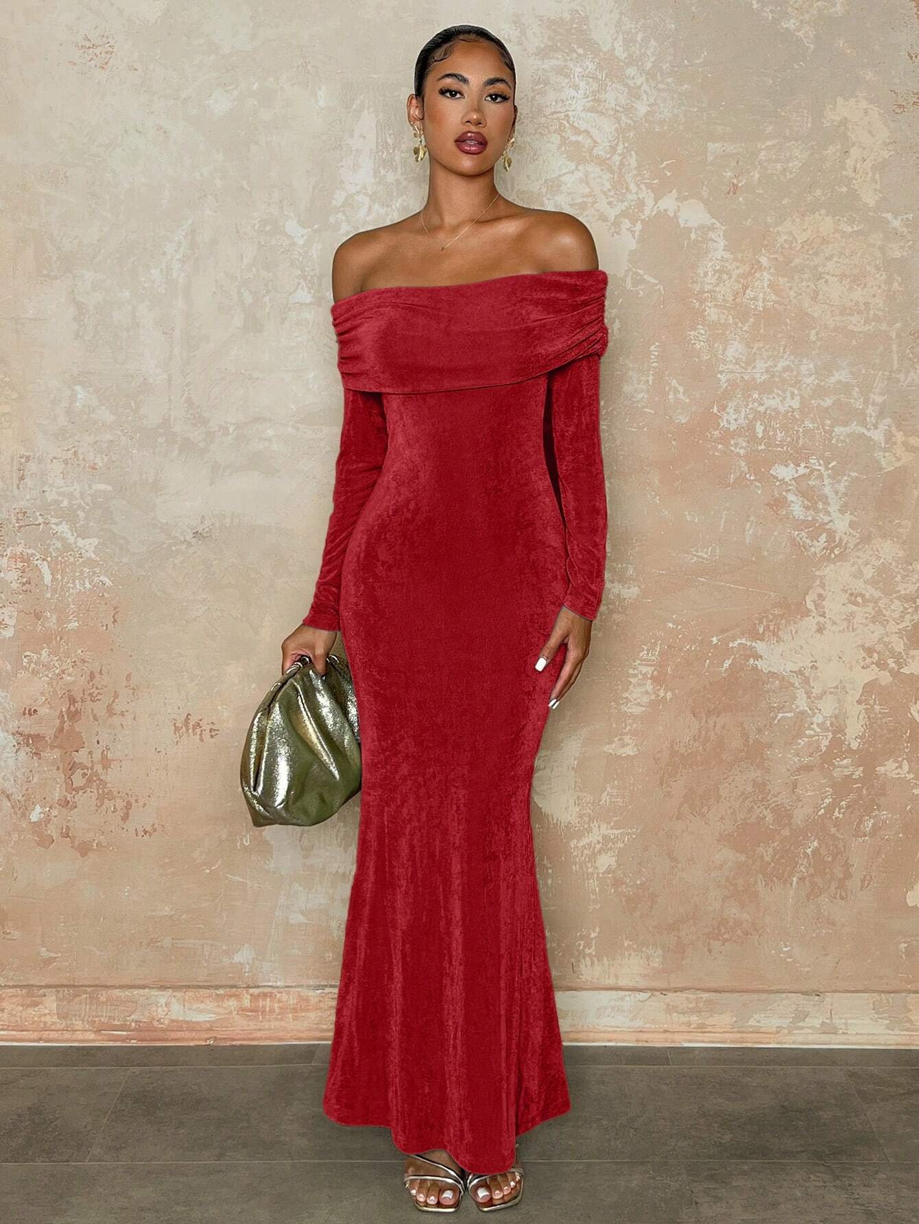 SHEIN BAE Women Off-Shoulder Full Sleeve Solid Color Skinny Jumpsuit, Autumn