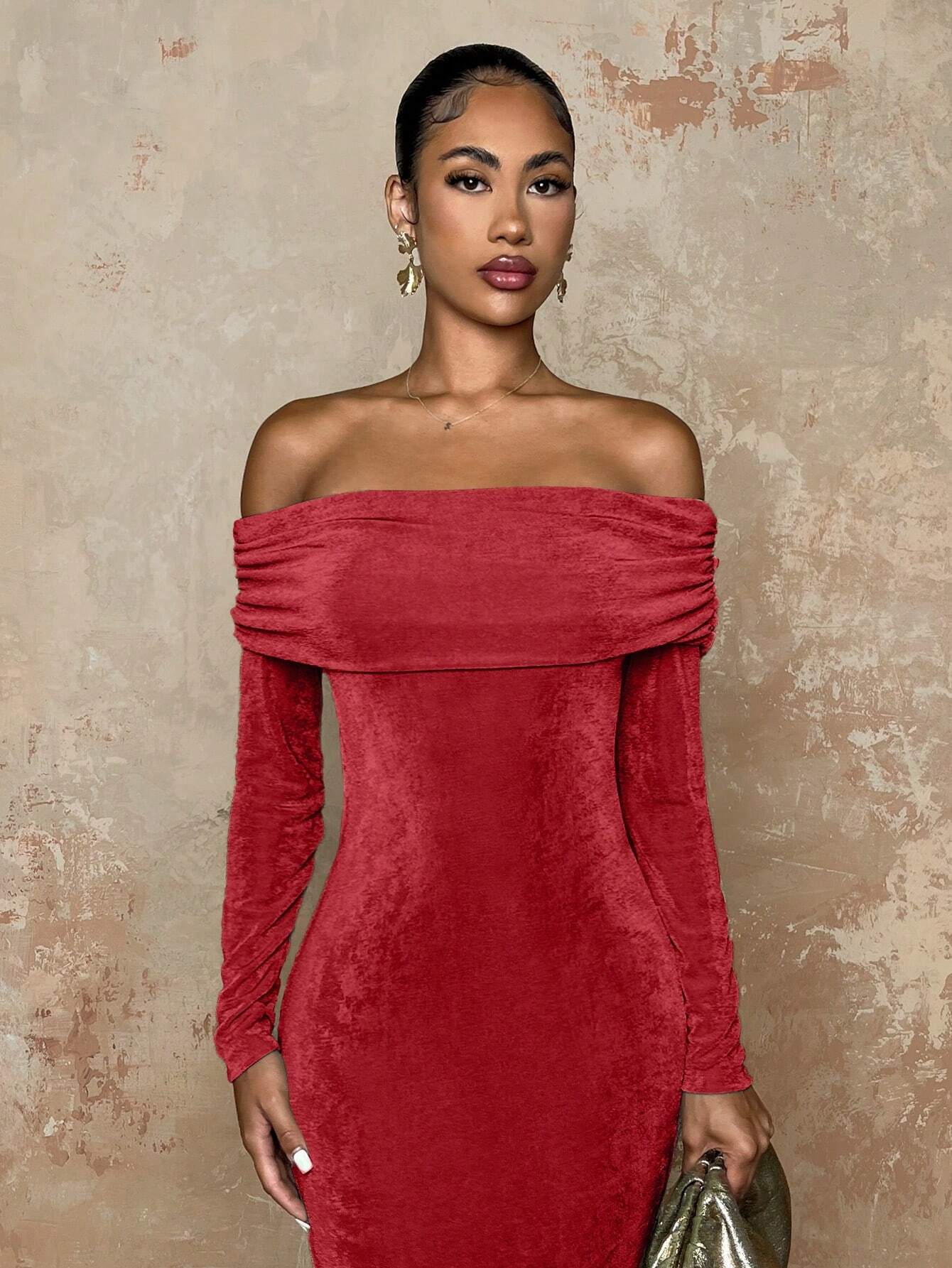 SHEIN BAE Women Off-Shoulder Full Sleeve Solid Color Skinny DRESS , Autumn - Image 3