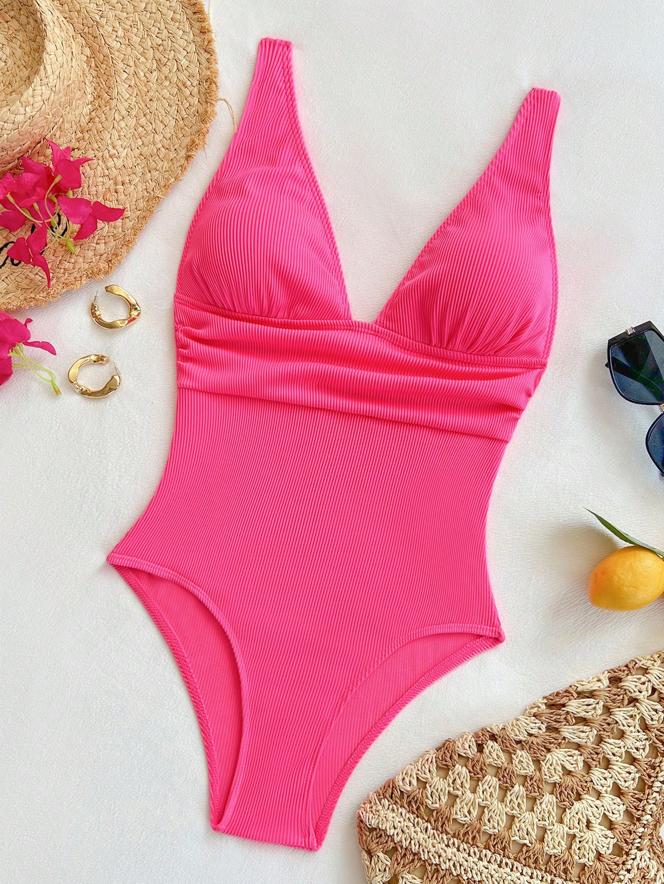 SHEIN VCAY 1pc Women's Plain Ruched Deep V Textured One-Piece Swimsuit