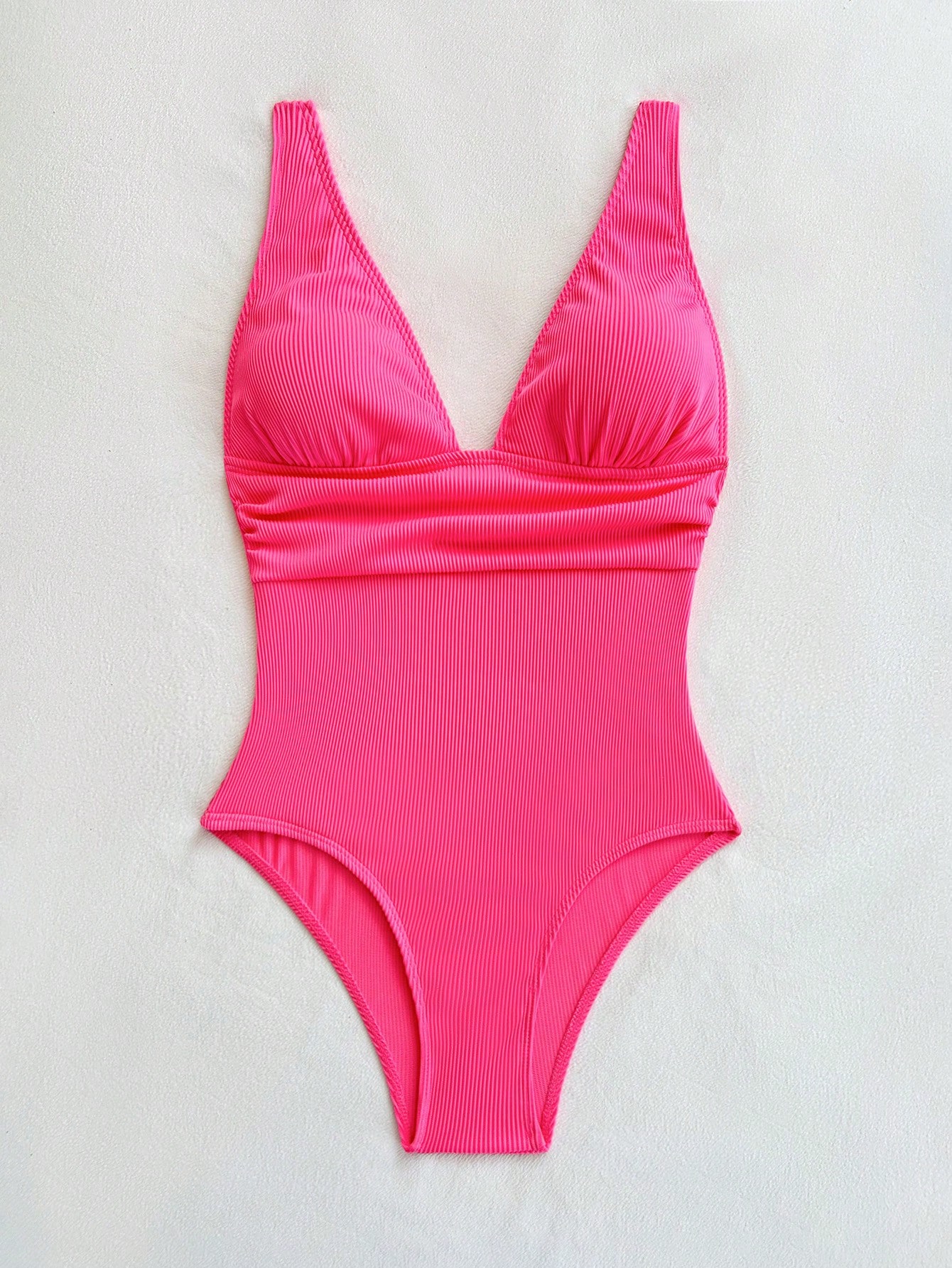 SHEIN VCAY 1pc Women's Plain Ruched Deep V Textured One-Piece Swimsuit - Image 3