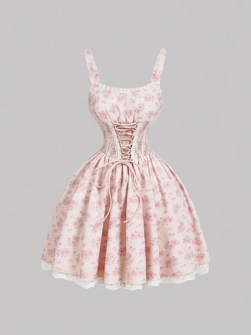 SHEIN MOD Square Neck Corset Lace Patchwork Pink Floral Romantic Pastoral Dress