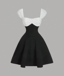 SHEIN MOD Elegant Black Off Shoulder Color-Blocking Patchwork Midi Dress
