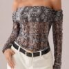 SHEIN SXY Long Sleeve Casual Snake Skin Pattern Foldover Collar Off-Shoulder Top, Autumn/Winter