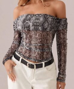 SHEIN SXY Long Sleeve Casual Snake Skin Pattern Foldover Collar Off-Shoulder Top, Autumn/Winter