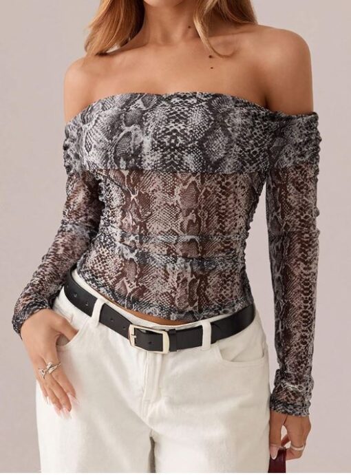 SHEIN SXY Long Sleeve Casual Snake Skin Pattern Foldover Collar Off-Shoulder Top, Autumn/Winter