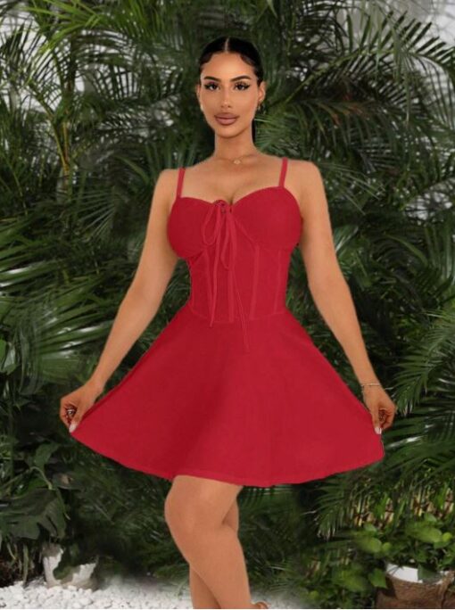 SHEIN SXY Vacation White A-Hem Short Suspender Bust Pleated Strap Detail Princess Dress