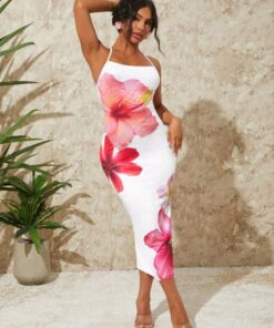 SHEIN SXY Knit Backless Criss-Cross Floral Print Long Dress, Bodycon Fit