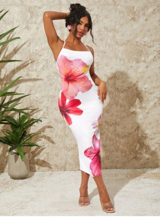 SHEIN SXY Knit Backless Criss-Cross Floral Print Long Dress, Bodycon Fit