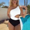 SHEIN Swim Summer Beach Two Tone Cut Out Knot Side One Shoulder One Piece Swimsuit Sexy One Piece Swimsuitwhite Swimsuit