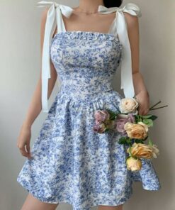 SHEIN DAZY Blue & White Porcelain Floral Print Fitted Color Block Bowknot Strap Dress, Floral & Botanical Print With Waistband