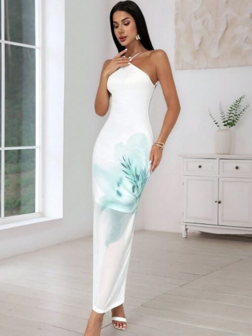 SHEIN Firerie Women's Summer Elegant Vacation Outfits Woman Floral Print Halter Backless Dress