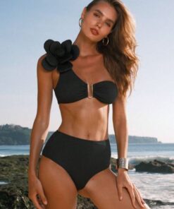 SHEIN Swim Chiccia Women Resort Wear Solid Color 3D Flower Decorated One Shoulder Sleeveless Sexy Bikini Set Summer
