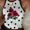 SHEIN EZwear Casual Simple Polka Dot Rose Graphic Round Neck Slim Fit Women Tank Tops, Suitable For Summer
