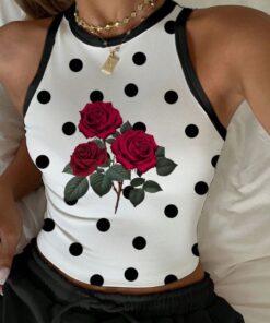 SHEIN EZwear Casual Simple Polka Dot Rose Graphic Round Neck Slim Fit Women Tank Tops, Suitable For Summer