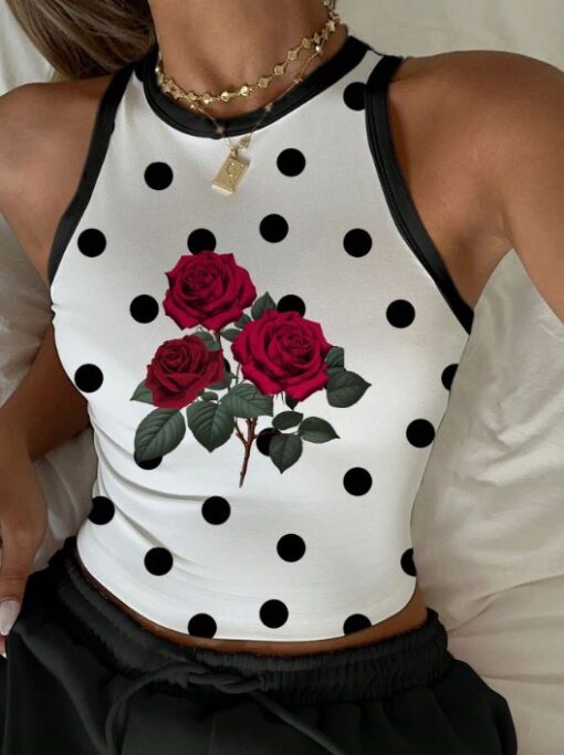 SHEIN EZwear Casual Simple Polka Dot Rose Graphic Round Neck Slim Fit Women Tank Tops, Suitable For Summer
