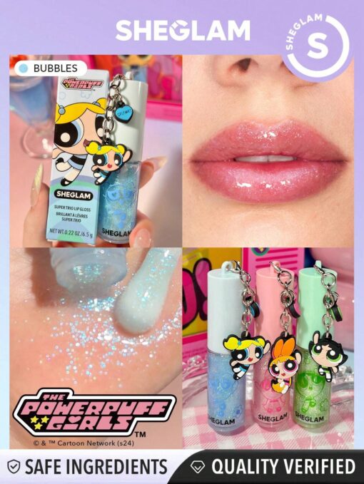SHEIN The Powerpuff Girls X SHEGLAM Super Trio Lip Gloss-Bubbles Moisturizing Lip Gloss High-Shine Glossy Glow Non-Sticky Liquid