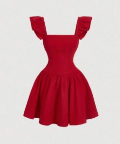 SHEIN MOD Women Ruffled Sleeve Red Dress, Date Dress