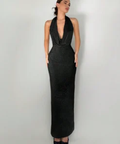 SHEIN Aloruh Women's Simple And Elegant Draped Neck Backless Long Black Dress